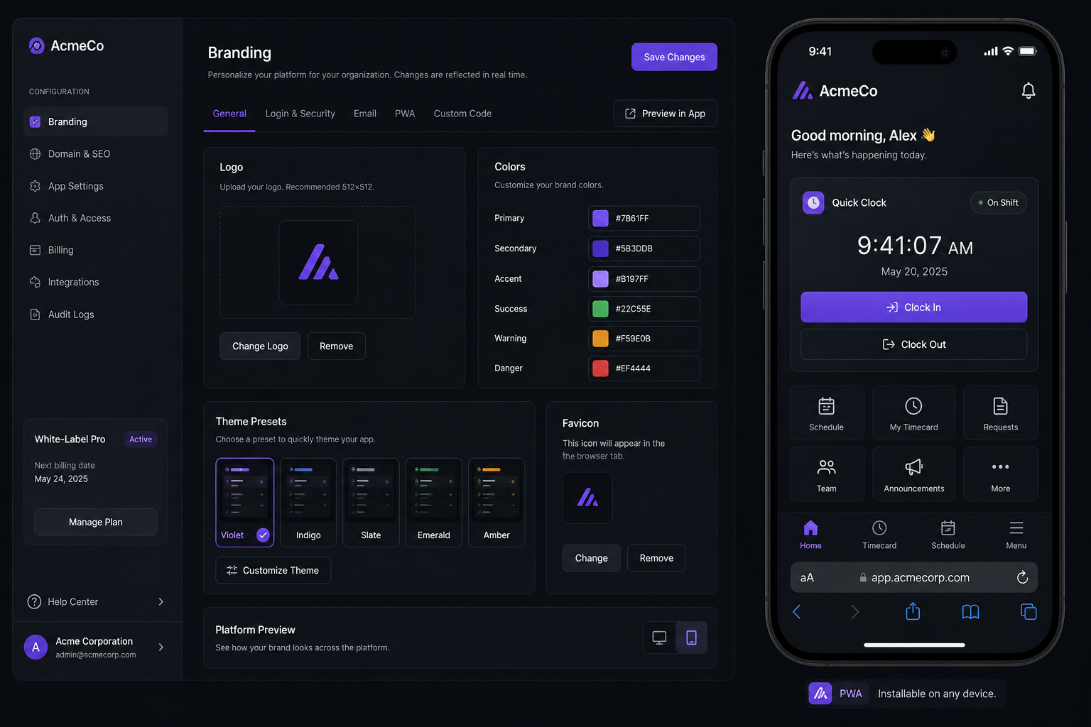 White-label branding settings and employee PWA mockup