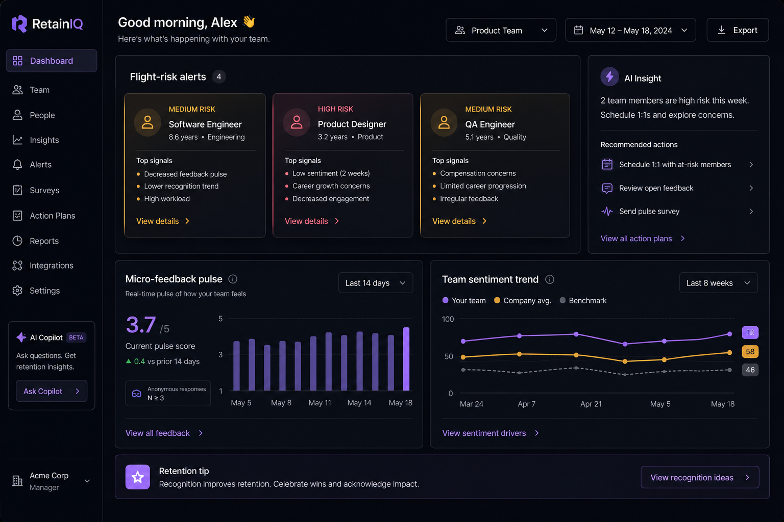 Flight-risk and pulse retention dashboard