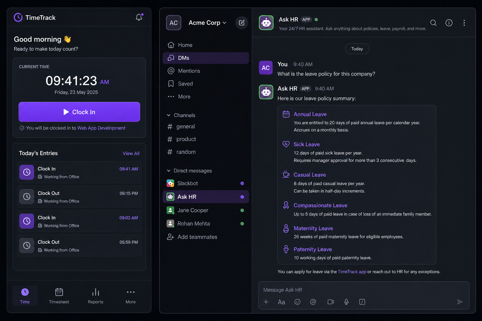 Quick clock PWA and Slack Ask HR conversation